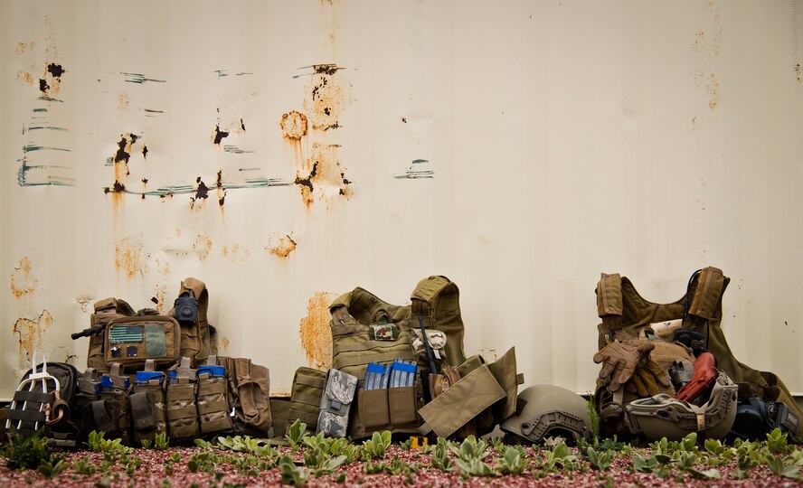 Equipment from the 919th Special Operations Security Forces Squadron sits ready for use during a break in the action of the squadron’s annual training at Camp Guernsey, Wyo., Aug. 3.  More than 20 Airmen went out West to help train two other Reserve security forces squadrons in ground combat and field training.  The 919th SOSFS Airmen lived in the makeshift camps and acted as opposing forces and local villagers interacting with the occupying security teams. (U.S. Air Force photo/Tech. Sgt. Sam King)