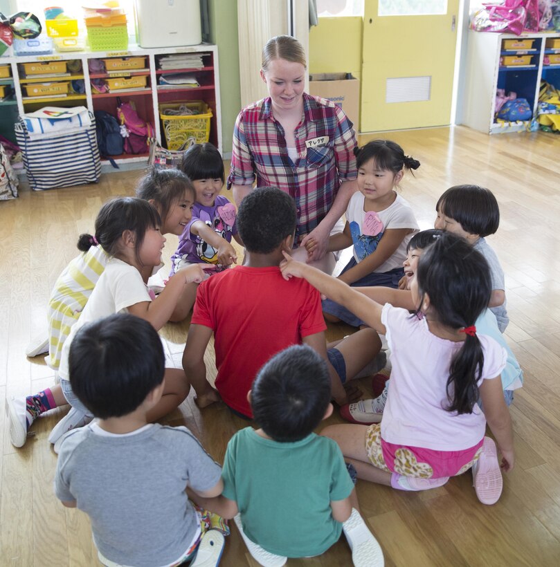 Lance Cpl. Alexa Argetsinger, a legal assistance clerk assigned to Headquarters and Headquarters Squadron, Marine Corp Air Station Iwakuni, Japan, helps students from Midoro Hoikuen School in Iwakuni City, name and locate body parts in English during a community relations visit, July 30, 2015. The Marine Memorial Chapel provides service members and their families a way to interact more closely with the Japanese and experience the culture.