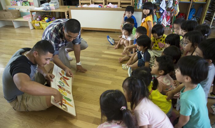 Lance Cpl. Christopher Kopack, left, and Lance Cpl. Efrain MoralesHernandez, correctional specialists with the Provost Marshal’s Office aboard Marine Corps Air Station Iwakuni, Japan, read a book to students at Midoro Hoikuen School in Iwakuni City, during a community relations visit, July 30, 2015. Kopack and MoralesHernandez are assigned to Headquarters and Headquarter Squadron, MCAS Iwakuni. Volunteers played games and sang songs to help the children learn English.