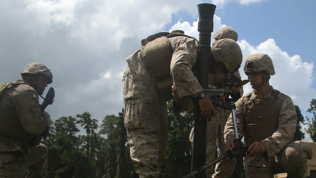 Marines with 1st Battalion, 8th Marine Regiment, 2nd Marine Division, align the sights of an 81mm mortar as they train aboard Camp Lejeune, N.C. July 30, 2015. Marines in the unit took part in a training event in which they were taught the practical application of the “hip shoot” as well as refining their basic skill sets. 