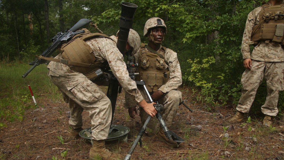 Marines with 1st Battalion, 8th Marine Regiment, 2nd Marine Division, set up an 81mm mortar as they train aboard Camp Lejeune, N.C. July 30, 2015. Marines in the unit took part in a training event in which they were taught the practical application of the “hip shoot” as well as refining their basic skill sets. 