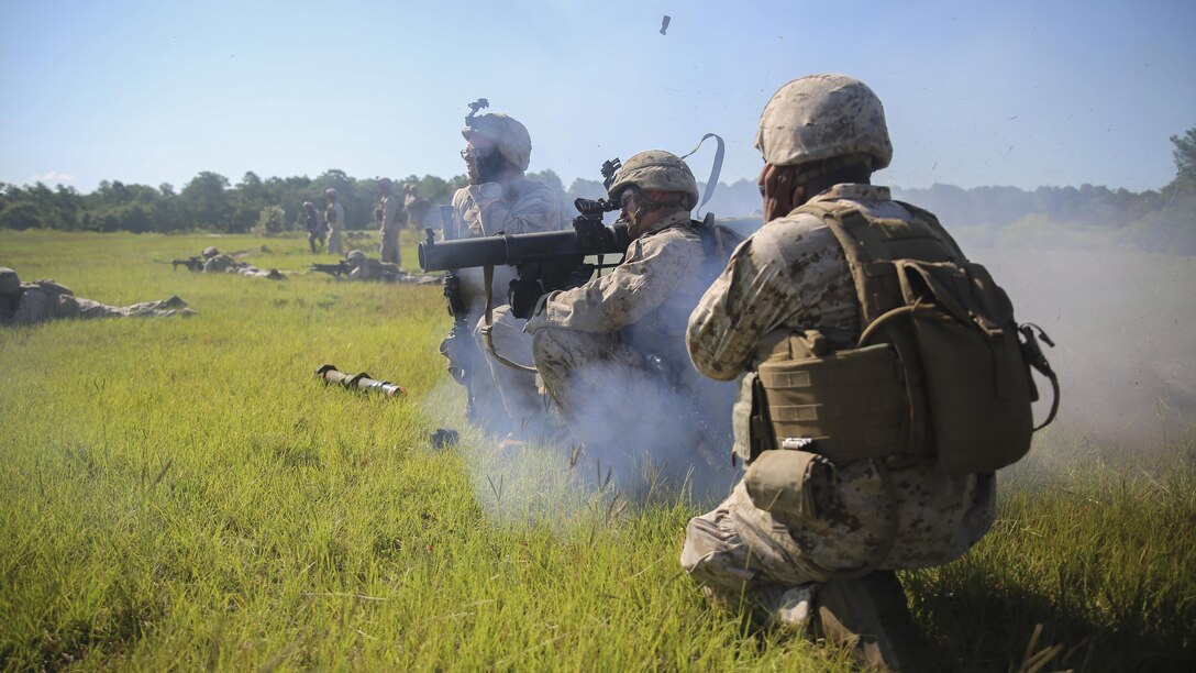 A U.S. Marine with Golf Company, 2nd Battalion, 2nd Marine Regiment, fires a Shoulder-launched Multipurpose Assault Weapon during a squad attack range at Marine Corps Base Camp Lejeune, North Carolina, July 28. Approximately 50 Marines with the unit participated in the training, which helped build unit cohesion and fire and maneuver skills.