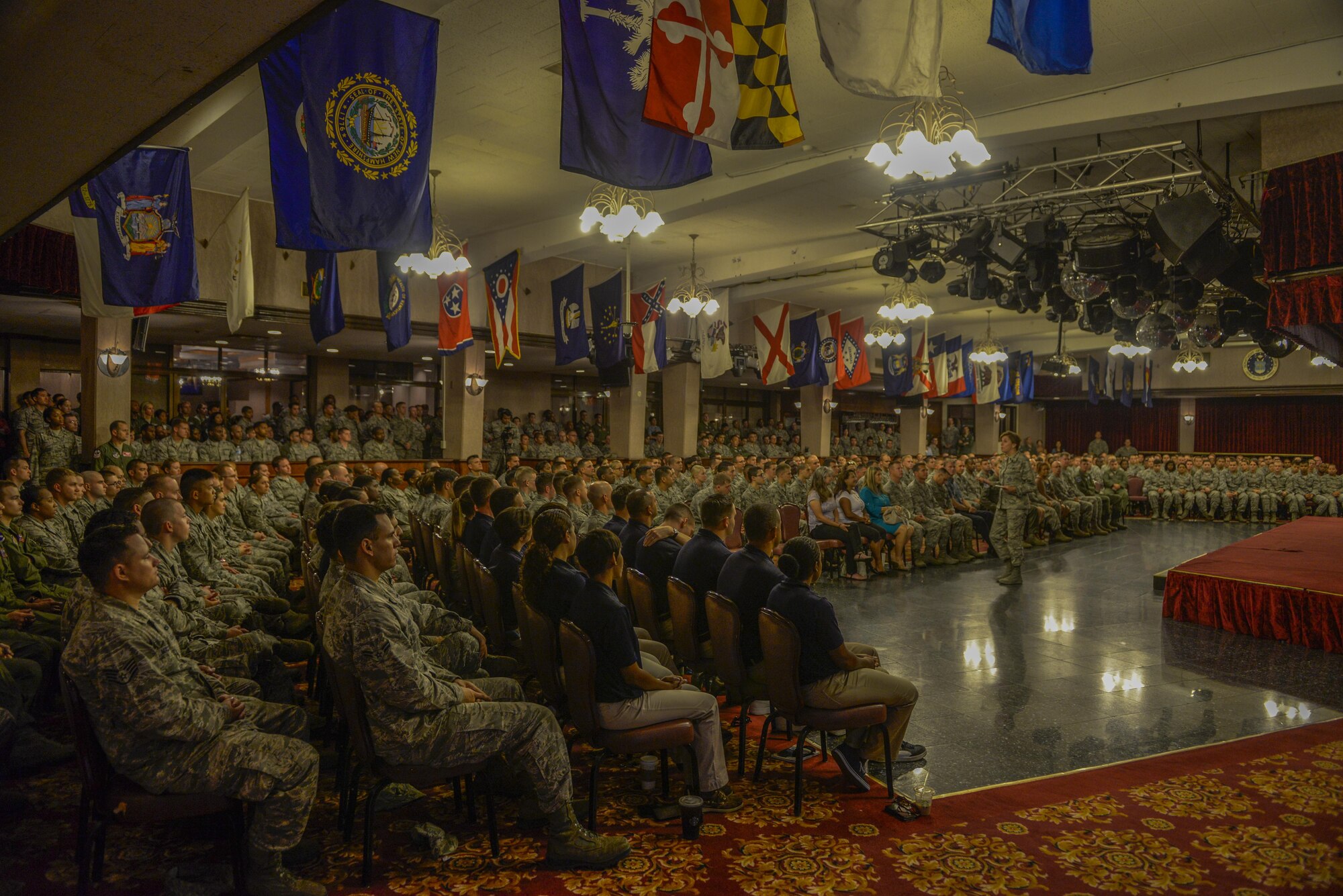 U.S. Air Force Gen. Lori Robinson, Pacific Air Forces commander, addresses Airmen during an all-call at the Rocker NCO Club on Kadena Air Base, Japan, Aug. 4, 2015. During her three-day visit to the base, Robinson met with Airmen and families and witnessed Kadena’s missions and operations during a trip to the base with U.S. Air Force Chief Master Sgt. Harold Hutchison, PACAF command chief. (U.S. Air Force photo by Senior Airman Stephen G. Eigel/Released)