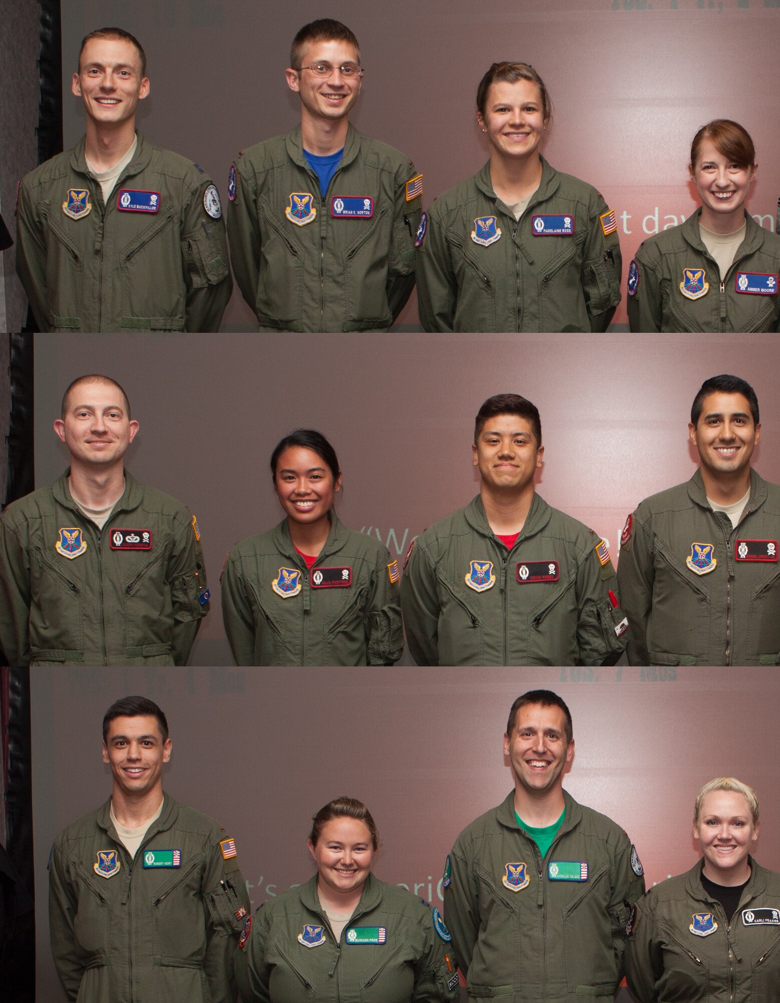 Competitors from the 319th, 320th and 321th Missile Squadron and their trainers for the Global Strike Challenge pose for separate photos on F.E. Warren Air Force Base, Wyo., July 31, 2015. The 90th Missile Wing held an announcement event at the Trail's End Event Center on base introducing all the GSC competitors. (U.S. Air Force photo illustration by Lan Kim)