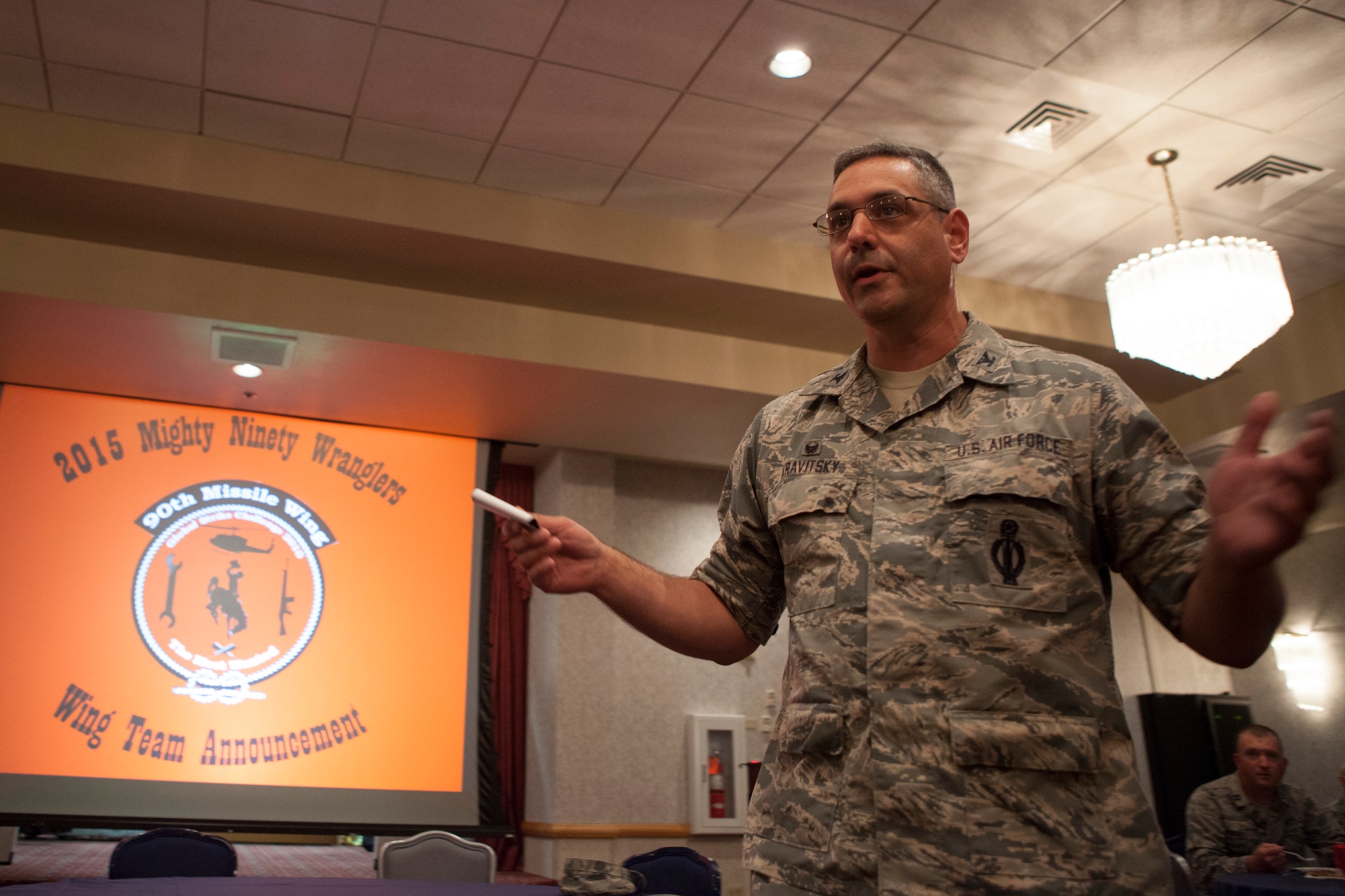 Col. Stephen Kravitsky, 90th Missile Wing commander, gives a speech to the Warren's Global Strike Challenge competitors during the announcement event at the Trail's End Event Center on F.E. Warren Air Force Base, Wyo., July 31, 2015. This is the fifth annual GSC. (U.S. Air Force photo by Lan Kim)