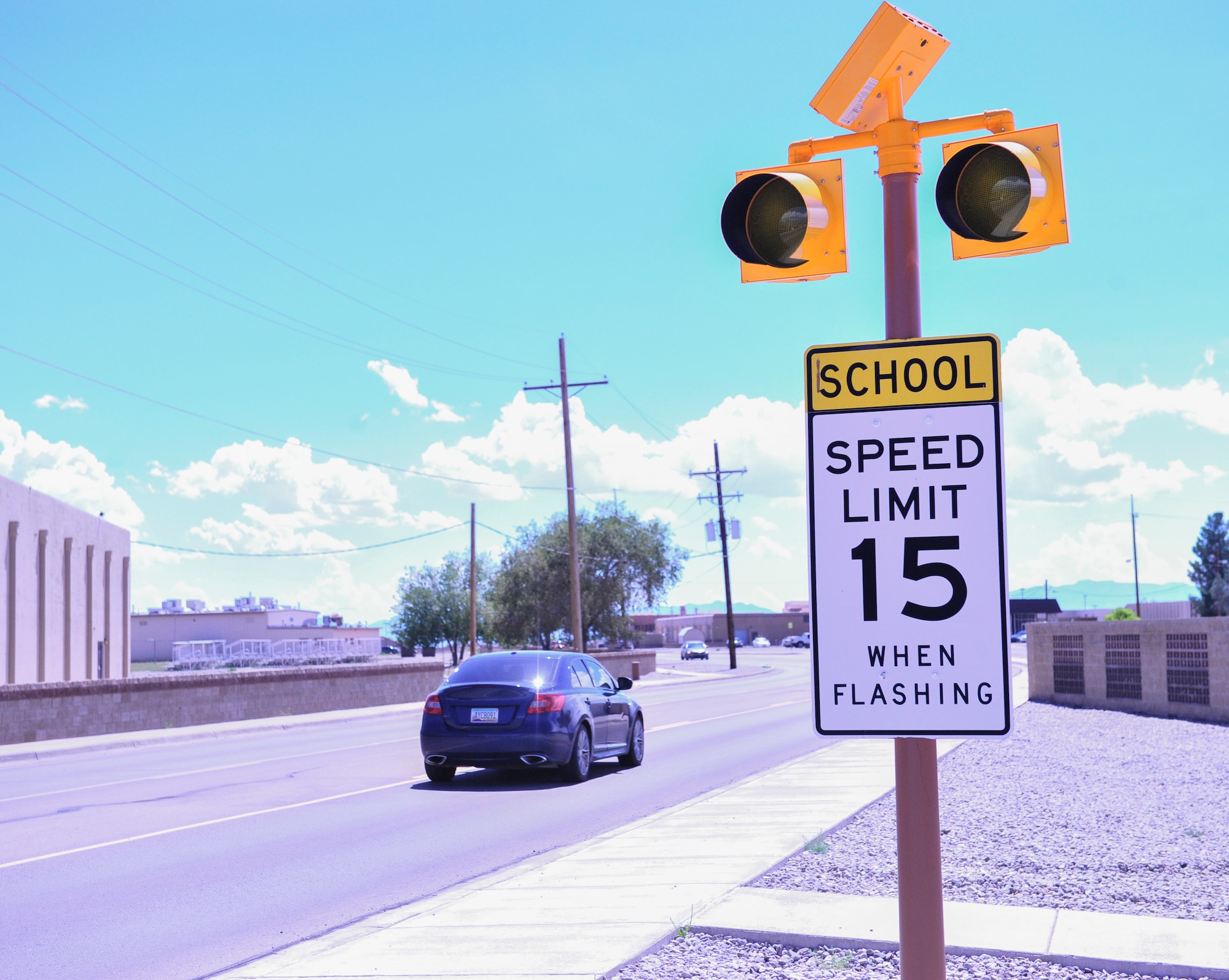 Beginning Aug. 10, the school speed zones will be in effect on Holloman Air Force Base, N.M. from 7-8:15 a.m. and 2:45-3:30 p.m. Monday through Friday. Security forces will be strictly enforcing driving standards in school zones to help prevent accidents and ensure child safety. Motorists cited by security forces may temporarily lose on-base driving privileges. (U.S. Air Force photo by Tech. Sgt. Matthew Rosine) 