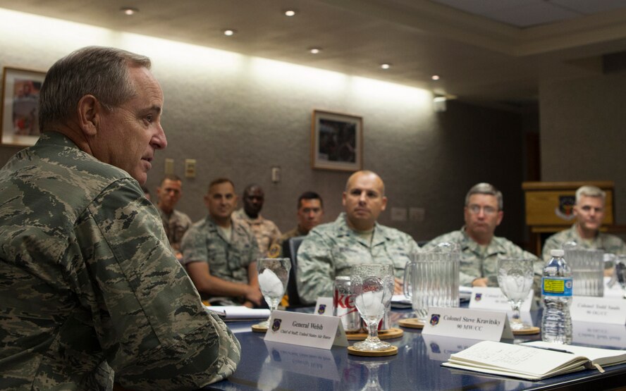 Air Force Chief of Staff Gen. Mark A. Welsh III meets with 90th Missile Wing leadership in a roundtable discussion on F.E. Warren Air Force Base, Wyo., Aug. 3, 2015. Welsh visited Warren to meet with leadership and reinforce nuclear mission responsibilities and expectations to ensure the rigorous standards of the nuclear enterprise are met. (U.S. Air Force photo by Lan Kim)