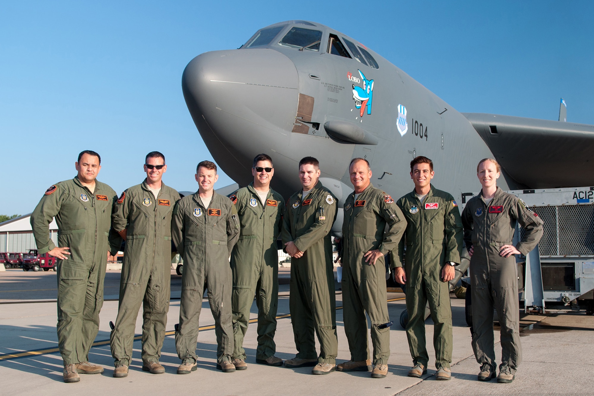 U.S. Air Force Reserve aircrew, call sign “Chaos 43,” the first Reserve aircrew to be certified with the latest modification to the B-52H Stratofortress, the combat network communications technology (CONECT) on Jul. 28, 2015 on Barksdale Air Force Base, La. The CONECT modification upgrades and enhances the bomber’s technology to include real-time communications uplinks, computer network servers, and color digital display screens. (U.S. Air Force photo by Master Sgt. Dachelle Melville/Released)