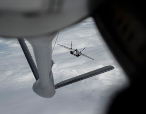 An F-22A Raptor from the 95th Fighter Squadron stationed with the 325th Fighter Wing, Tyndall Air Force Base, Florida, approaches a refueling boom July 31, 2015, over the Nevada Test and Training Range. More than 20 units from across the globe are at Nellis AFB to participate in Red Flag 15-3. The jet was refueled by a KC-135 Stratotanker from the 93rd Air Refueling Squadron from Fairchild AFB, Washington. Since its establishment in 1975, Red Flag has played host to military units from more than 30 different countries. (U.S. Air Force photo by Senior Airman Brittany A. Chase)