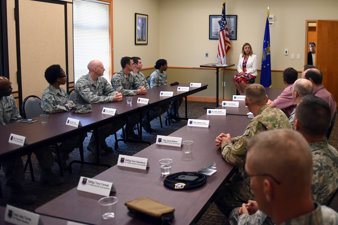 Secretary of the Air Force Deborah Lee James meets with Malmstrom Air Force Base Airmen during a focus group discussion at the Grizzly Bend Aug. 3, 2015, Mont. During the discussion James asked the Airmen for their feedback on Air Force Global Strike Command’s Force Improvement Program. (U.S. Air Force photo/Chris Willis)