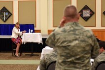 Secretary of the Air Force Deborah Lee James speaks with Team Malmstrom Airmen Aug. 3, 2015, at Malmstrom Air Force Base, Mont. James visited Malmstrom to discuss its mission and to receive feedback directly from Airmen. (U.S. Air Force photo/Chris Willis)  