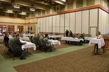 Secretary of the Air Force Deborah Lee James speaks with Team Malmstrom Airmen Aug. 3, 2015, at Malmstrom Air Force Base, Mont. James visited Malmstrom to discuss its mission and to receive feedback directly from Airmen. (U.S. Air Force photo/Chris Willis)  