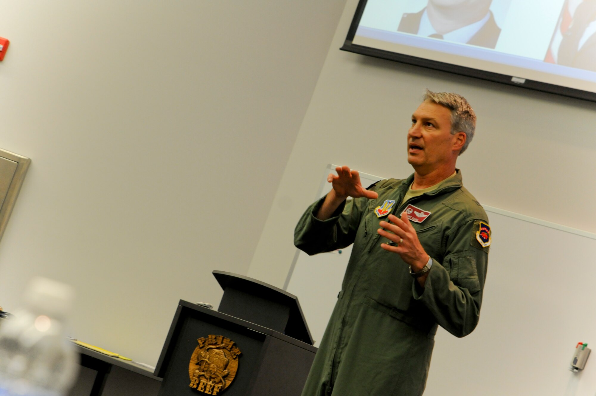Brig. Gen. Kurt Vogel, commander of the Arkansas Air National Guard, speaks to Airmen during a newcomers orientation class held Aug. 1, 2015 at Ebbing Air National Guard Base, Ark. Vogel relayed the priorities of The Adjutant General, Maj. Gen. Mark Berry, and took time to interact with Airmen to learn about their jobs and impact on the new mission. (U.S. Air National Guard photo by Capt. Holli Nelson/Released)