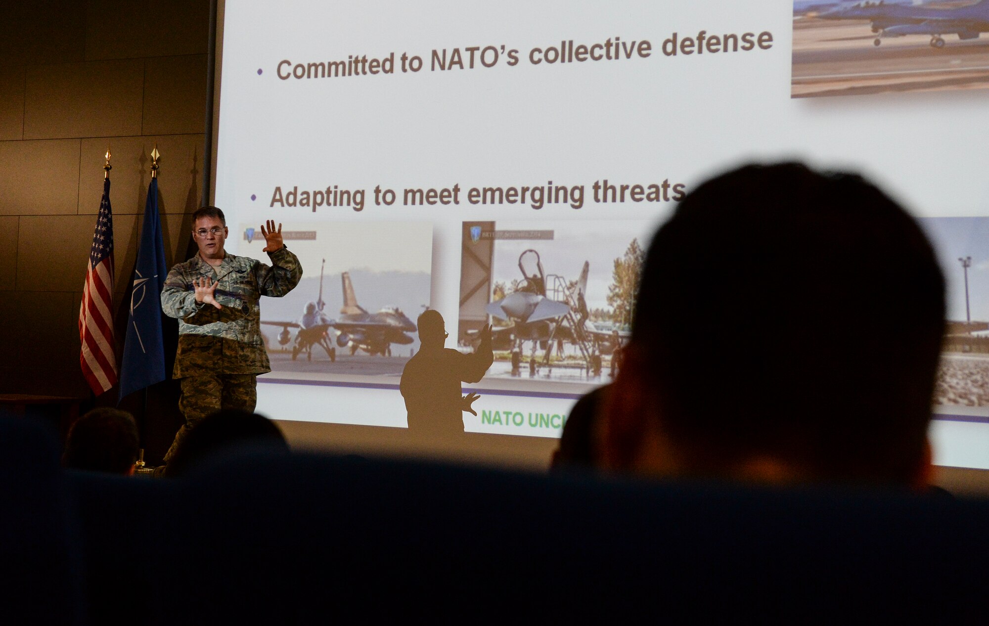 U.S. Air Force Col. Mark Ciero, commander of NATO Headquarters Allied Air Command director of management, speaks to NATO guard and reserve officers during the annual International Junior Officer Leadership Development Course July 23, 2015, at Ramstein Air Base, Germany.  Reserve officers from the U.S., Canada, the United Kingdom, Netherlands, Denmark, Germany and Switzerland gathered at Ramstein for the week-long event. (U.S. Air Force photo/Senior Airman Nicole Sikorski)