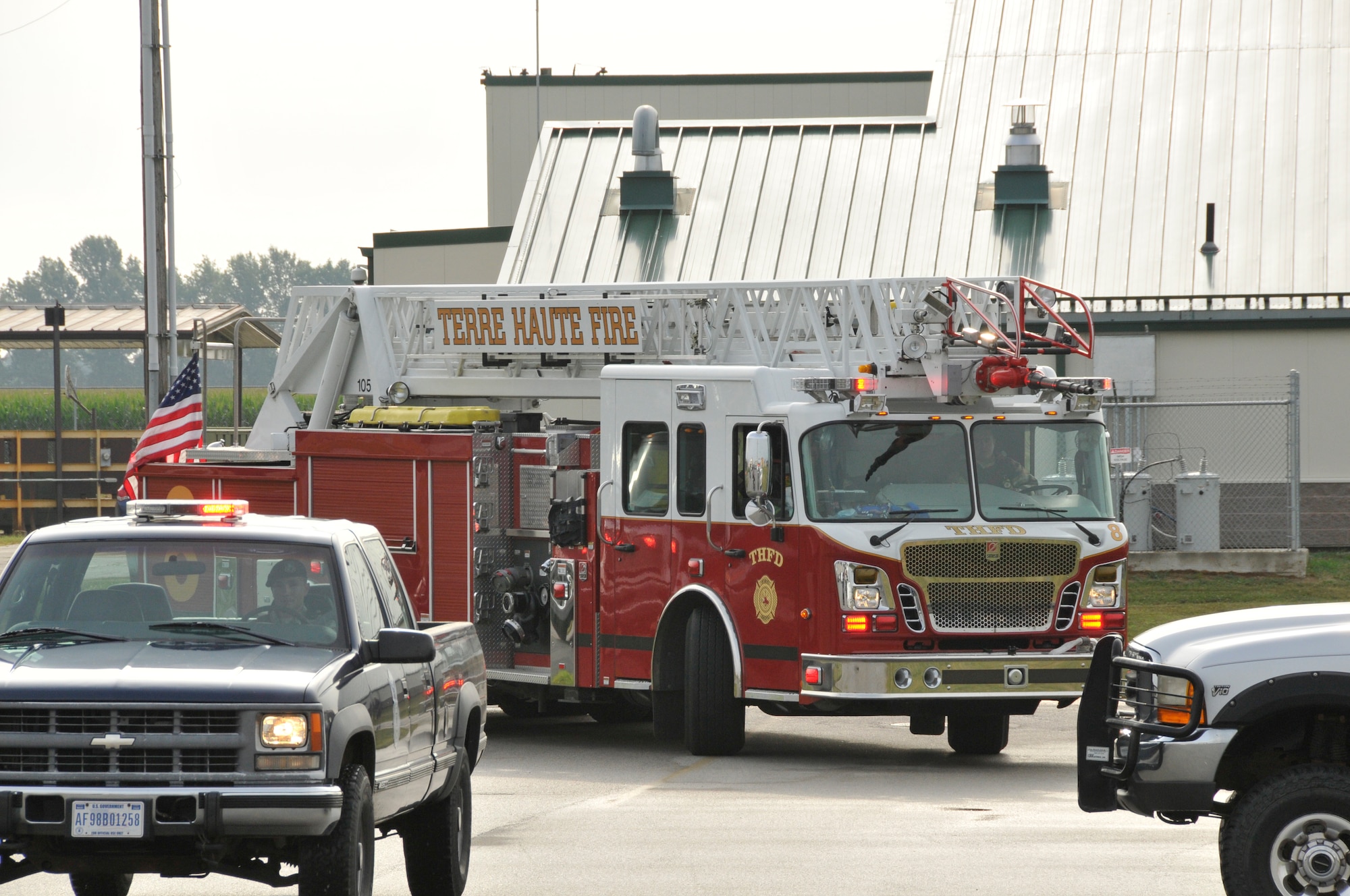 Airmen from the 181 Intelligence Wing,  along with the Terre Haute Fire Department,  conducted a fire response exercise at the 181 Intelligence Wing, July 29, 2015. The 181 IW Inspection Team used this exercise to evaluate response time, current obstacles, and existing checklists and procedures. Building our relations with community organizations is key to the Indiana Air National Guard. (U.S. Air National Guard photo by Senior Master Sgt. John S. Chapman/Released)