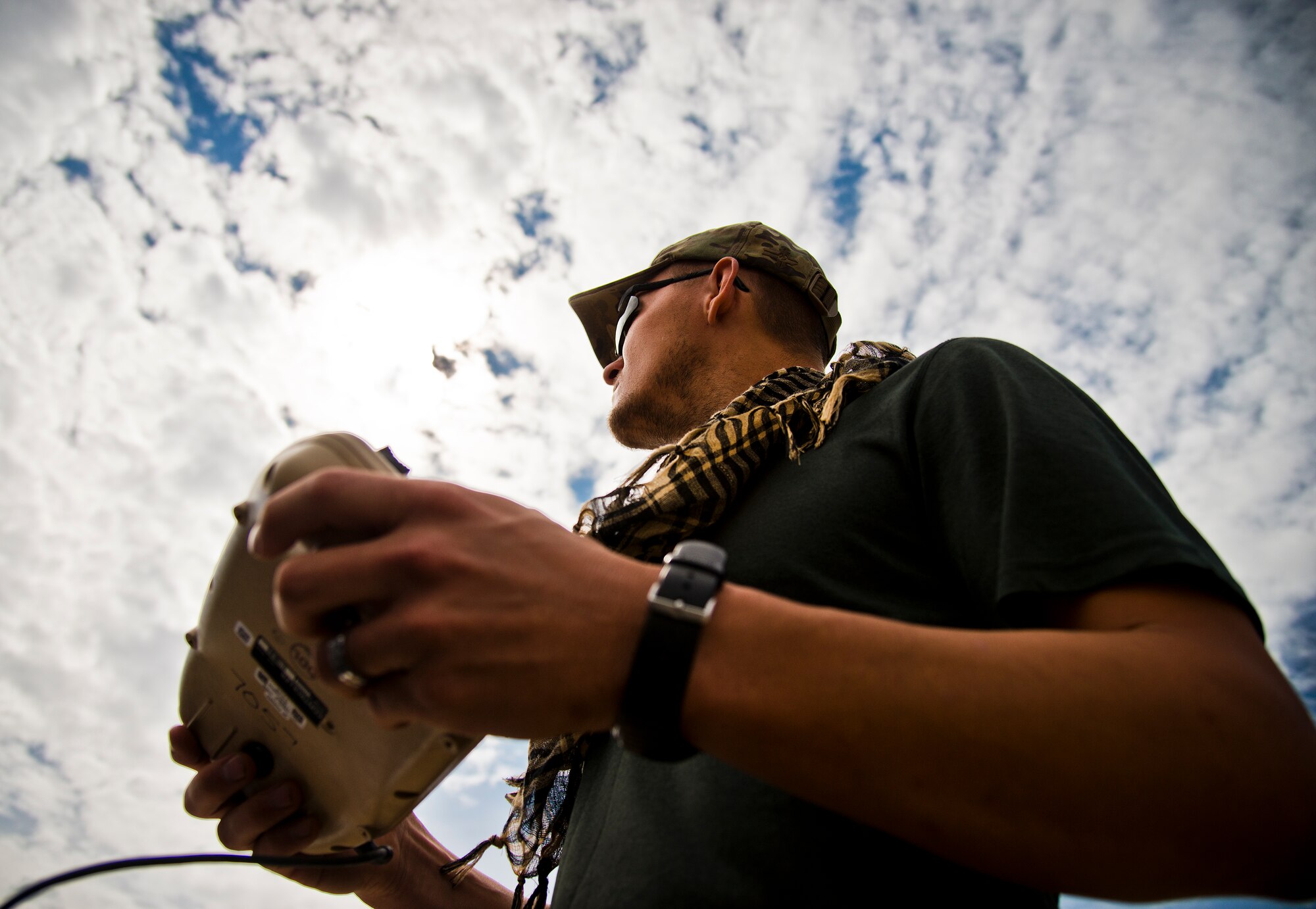 Staff Sgt. Leland Hastings, 919th Special Operations Security Forces Squadron, controls the Raven-B, a four-by-four foot unmanned aerial system, via remote control at Camp Guernsey, Wyo., Aug. 4.  The 919th SOSFS brought the UAS to demonstrate its capabilities to other security forces units involved in a large field training exercise at the camp. The Raven-B has the ability to take photos, video in day or night, and even designate locations via an IR laser.  It also provides coordinates, magnetic azimuths, and linear distances creating a birds-eye view to topographical map. (U.S. Air Force photo/Tech. Sgt. Sam King)