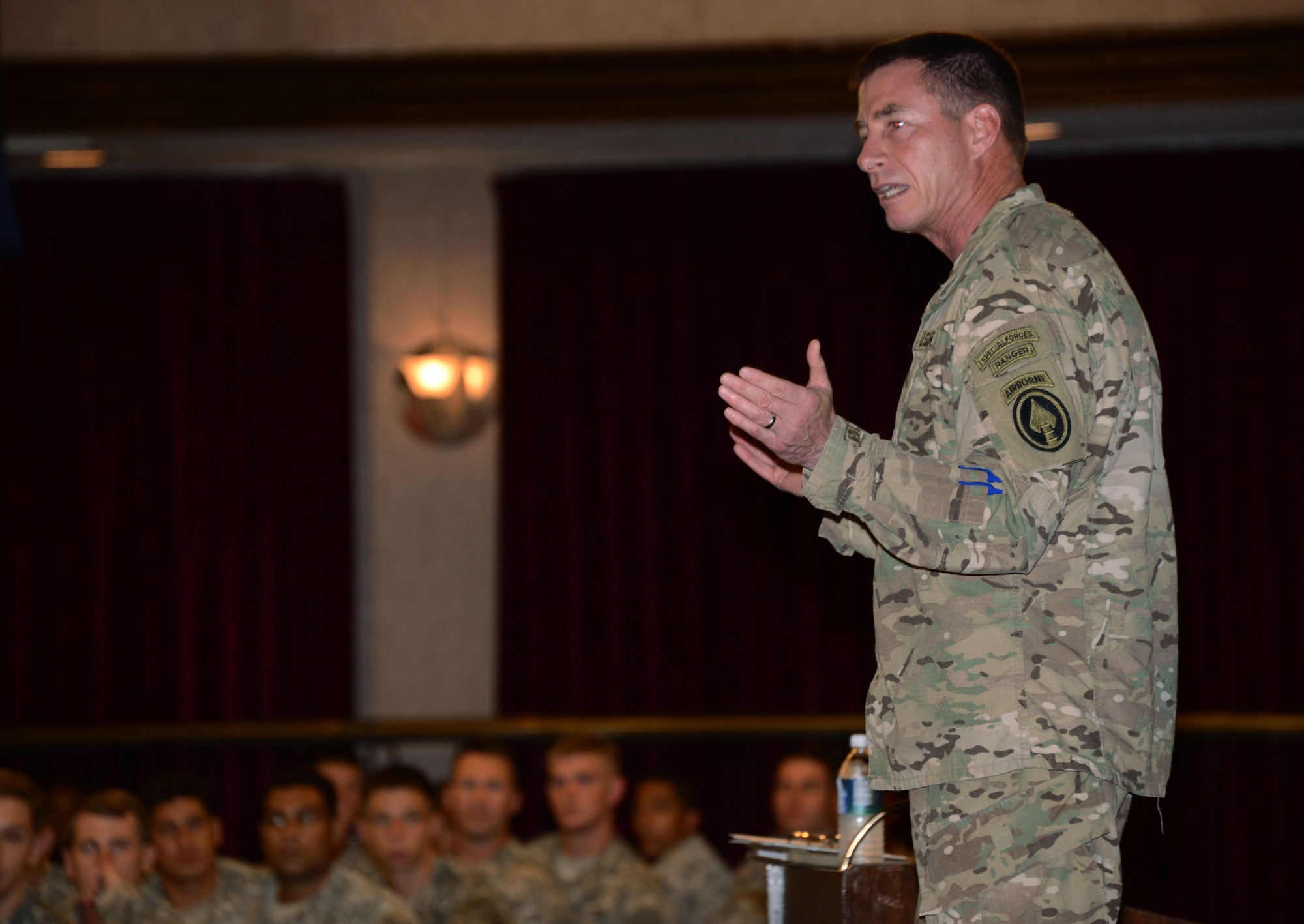 Command Sgt. Maj. William Thetford, U.S. Special Operations Command senior enlisted leader, addresses the crowd during an all call held July 29, 2015 at Kadena Air Base, Japan.  During his visit to the 353rd Special Operations Group, Thetford also visited with the Airmen as they provided displays to show Thetford first-hand what the Special Operations Airmen do in the Indo-Asia Pacific region.  (U.S. Air Force photo by Tech. Sgt. Kristine Dreyer)