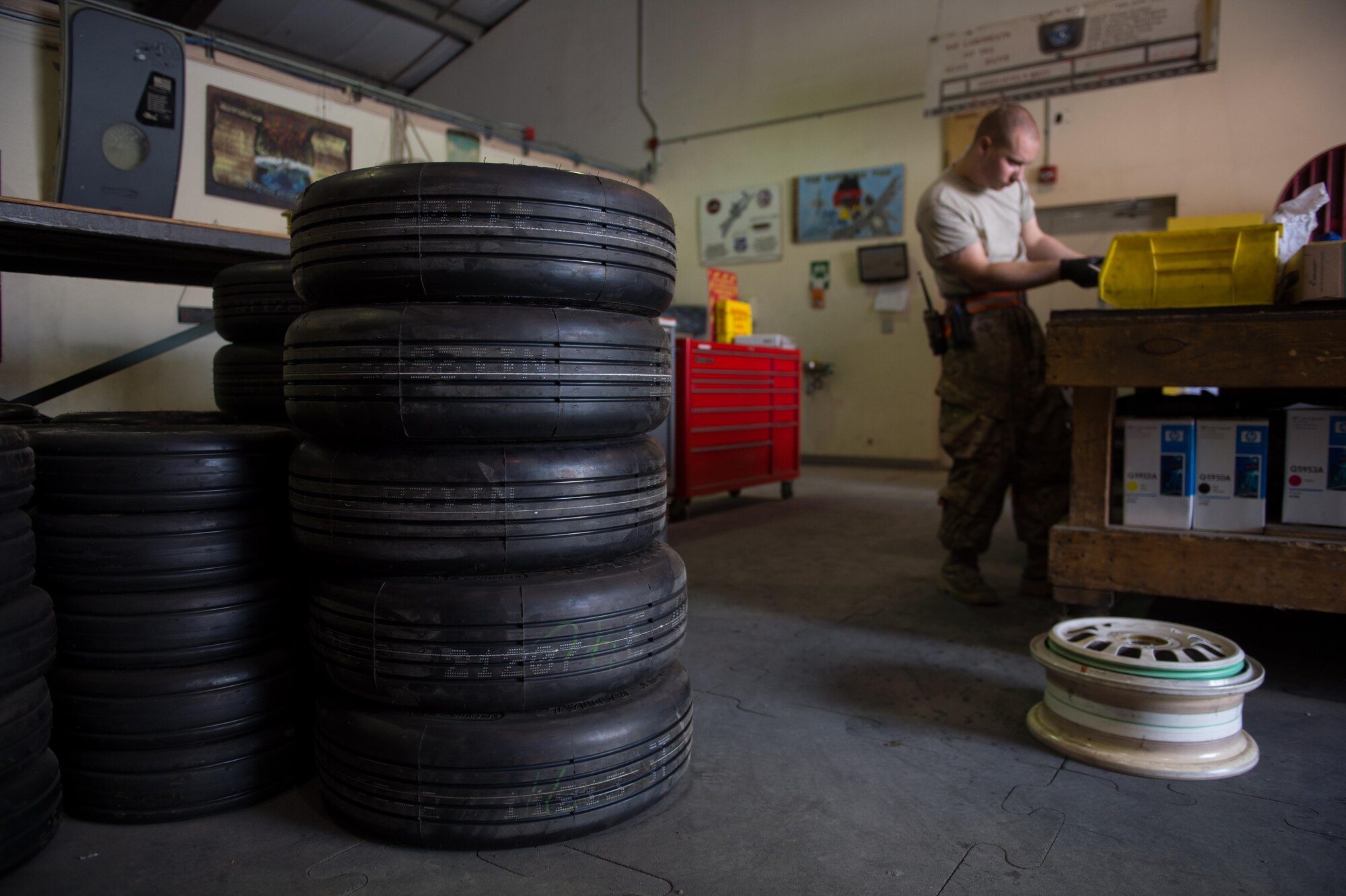U.S. Air Force Staff Sgt. William “Willy” Reibsome III, 455th Expeditionary Maintenance Squadron wheel and tire noncommissioned officer in charge, cleans and inspects an F-16 Fighting Falcon aircraft wheel at Bagram Airfield, Afghanistan, Aug. 2, 2015. Reibsome ensures that F-16s at BAF have serviceable tires to complete the combat airpower mission; on average he works 70 wheels per month. (U.S. Air Force photo by Tech. Sgt. Joseph Swafford/Released)
