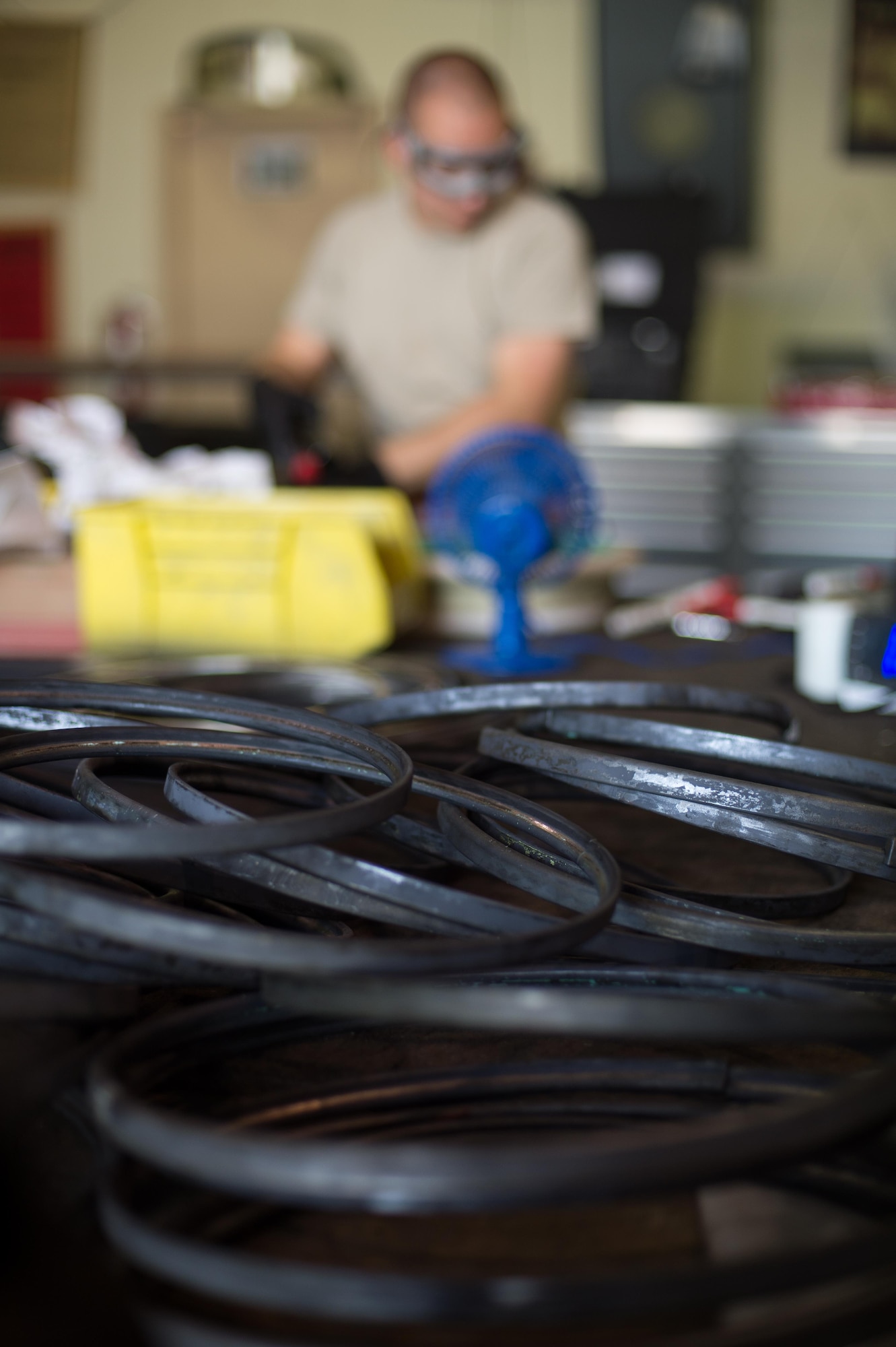 U.S. Air Force Staff Sgt. William “Willy” Reibsome III, 455th Expeditionary Maintenance Squadron wheel and tire noncommissioned officer in charge, cleans and inspects an F-16 Fighting Falcon aircraft wheel at Bagram Airfield, Afghanistan, Aug. 2, 2015. Reibsome ensures that F-16s at BAF have serviceable tires to complete the combat airpower mission; on average he works 70 wheels per month. (U.S. Air Force photo by Tech. Sgt. Joseph Swafford/Released)