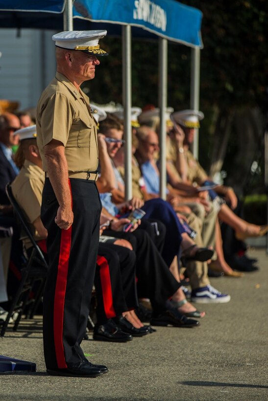 U.S. Marine Corps Maj. Gen. Lawrence D. Nicholson, 1st Marine Division Commanding General, attends the 1st Marine Division change of command ceremony at Marine Corps Base Camp Pendleton, Calif., July 30, 2015. Nicholson assumed command as the 79th Commanding General of 1st Marine Division on June 10, 2013. (U.S. Marine Corps photo by Lance Cpl. Ryan Kierkegaard/Released)
