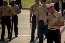 U.S. Marine Corps Maj. Gen. Lawrence D. Nicholson, 1st Marine Division Commanding General, addresses Marines and Sailors during a change of command ceremony at Marine Corps Base Camp Pendleton, Calif., July 30, 2015. Nicholson assumed command as the 79th Commanding General of 1st Marine Division on June 10, 2013. (U.S. Marine Corps photo by Lance Cpl. Ryan Kierkegaard/Released)
