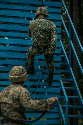 U.S. Marine Corps Sgt. Jeremy Pires acts as the belay man for a Philippine Marine during rappelling training as part of Air Assault Support Exercise 2015-2 on Basa Air Base in Pampanga, Philippines, July 15, 2015. The belay man is a safety precaution to stop troops from falling if they let go of the rope. The exercise is a bilateral training event focused on strengthening the alliance between the Philippines and the U.S. Pires is a squad leader with 1st Platoon, Fox Company, 2nd Battalion, 3rd Marines and is attached through the Unit Deployment Program to III Marine Expeditionary Force. The Philippine Marine is with Marine Battalion Landing Team 1, 1st Battalion, Philippine Marine Corps. 