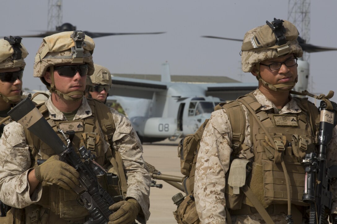 U.S. Marines with Special-Purpose Marine Air-Ground Task Force Crisis Response-Africa (SPMAGTF-CR-AF), conduct a crisis response drill on Morón Air Base, Spain, Aug. 3, 2015. The crisis response force’s mission requires them to have Marines ready to respond within six hours of an alert in support U.S. Africa Command. (U.S. Marine Corps photo by Staff Sgt. Keonaona C. Paulo/Released)