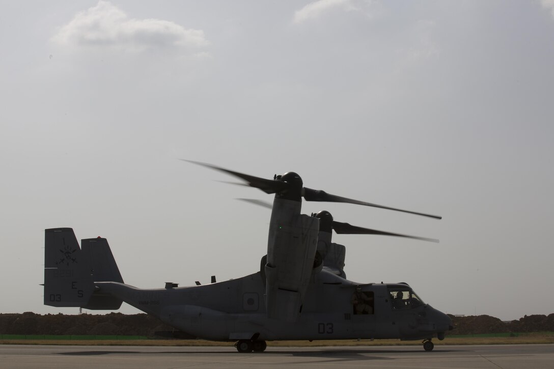 A U.S. Marine Corps MV-22B Osprey assigned to Special-Purpose Marine Air-Ground Task Force-Crisis Response-Africa (SPMAGTF-CR-AF), departs from Morón Air Base, Spain, during a crisis response drill, Aug. 3, 2015. The crisis response force’s mission requires them to have Marines ready to respond within six hours of an alert in support U.S. Africa Command. (U.S. Marine Corps photo by Staff Sgt. Keonaona C. Paulo/Released)