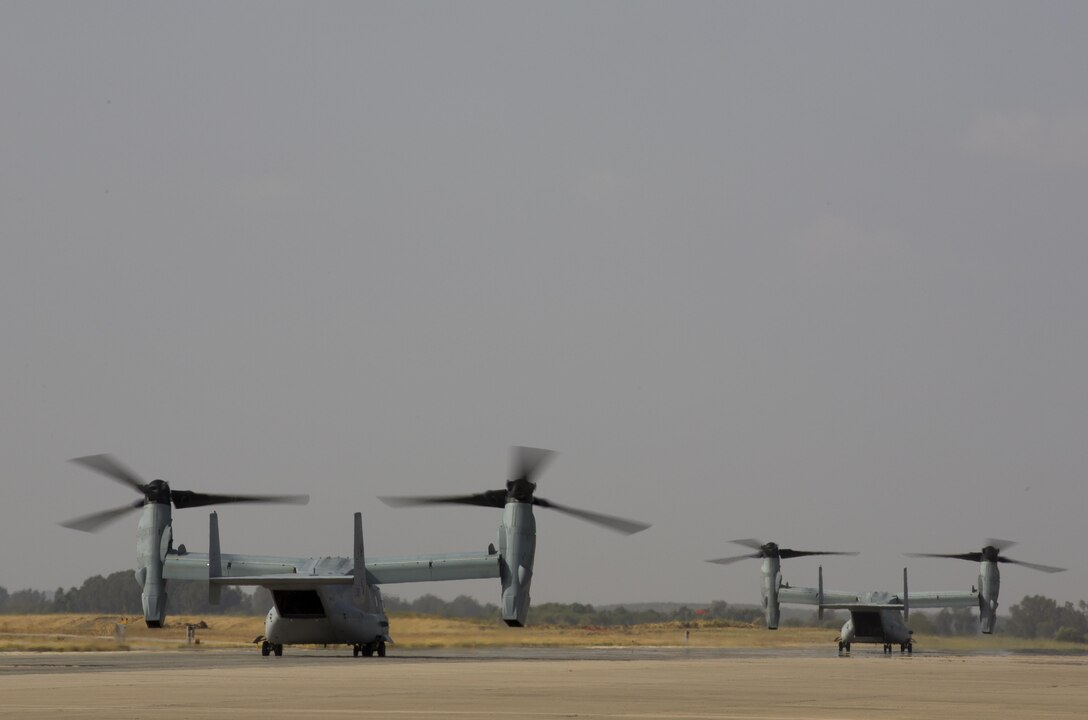 A U.S. Marine Corps MV-22B Osprey assigned to Special-Purpose Marine Air-Ground Task Force-Crisis Response-Africa (SPMAGTF-CR-AF), departs from Morón Air Base, Spain, during a crisis response drill, Aug. 3, 2015. The crisis response force’s mission requires them to have Marines ready to respond within six hours of an alert in support U.S. Africa Command. (U.S. Marine Corps photo by Staff Sgt. Keonaona C. Paulo/Released)