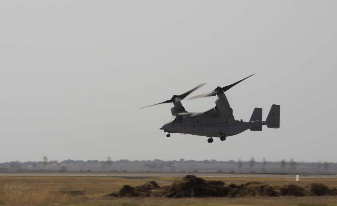 A U.S. Marine Corps MV-22B Osprey assigned to Special-Purpose Marine Air-Ground Task Force-Crisis Response-Africa (SPMAGTF-CR-AF), departs from Morón Air Base, Spain, during a crisis response drill, Aug. 3, 2015. The crisis response force’s mission requires them to have Marines ready to respond within six hours of an alert in support U.S. Africa Command. (U.S. Marine Corps photo by Staff Sgt. Keonaona C. Paulo/Released)