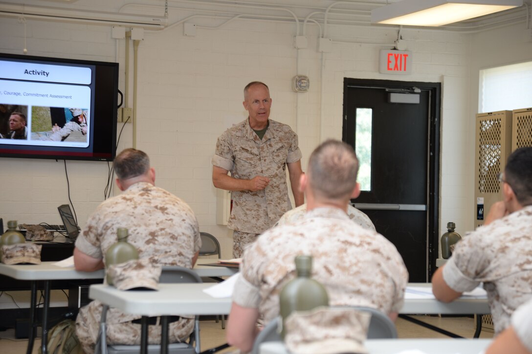 Brig. Gen. Patrick J. Hermesmann, 4th Marine Logistics Group, New Orleans, Louisiana, addresses corporals attending the two-week Corporal’s Course at Marine Corps Logistics Base Albany, recently. The training was conducted as part of the noncommissioned officers’ Professional Military Education on leadership. Hermesmann encouraged the corporals to include "four ships" as they journey through their time in the Corps: "leadership, mentorship, partnership and friendship.”
