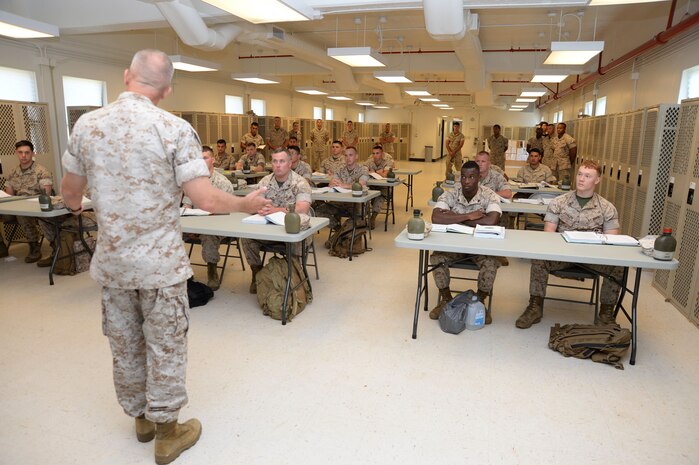 Corporals attending the two-week Corporal’s Course at Marine Corps Logistics Base Albany, recently, listen as Brig. Gen. Patrick J. Hermesmann, 4th Marine Logistics Group, New Orleans, Louisiana, delivers a motivational speech on leadership. Hermesmann encouraged the corporals to include "four ships" as they journey through their time in the Corps: "leadership, mentorship, partnership and friendship.” The training was conducted as part of the noncommissioned officers’ Professional Military Education.