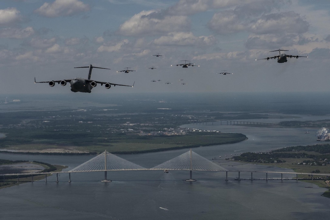 Post 45 is flying forward, just like these C-17s flying from Joint Base Charleston over the federal channel in Charleston Harbor.