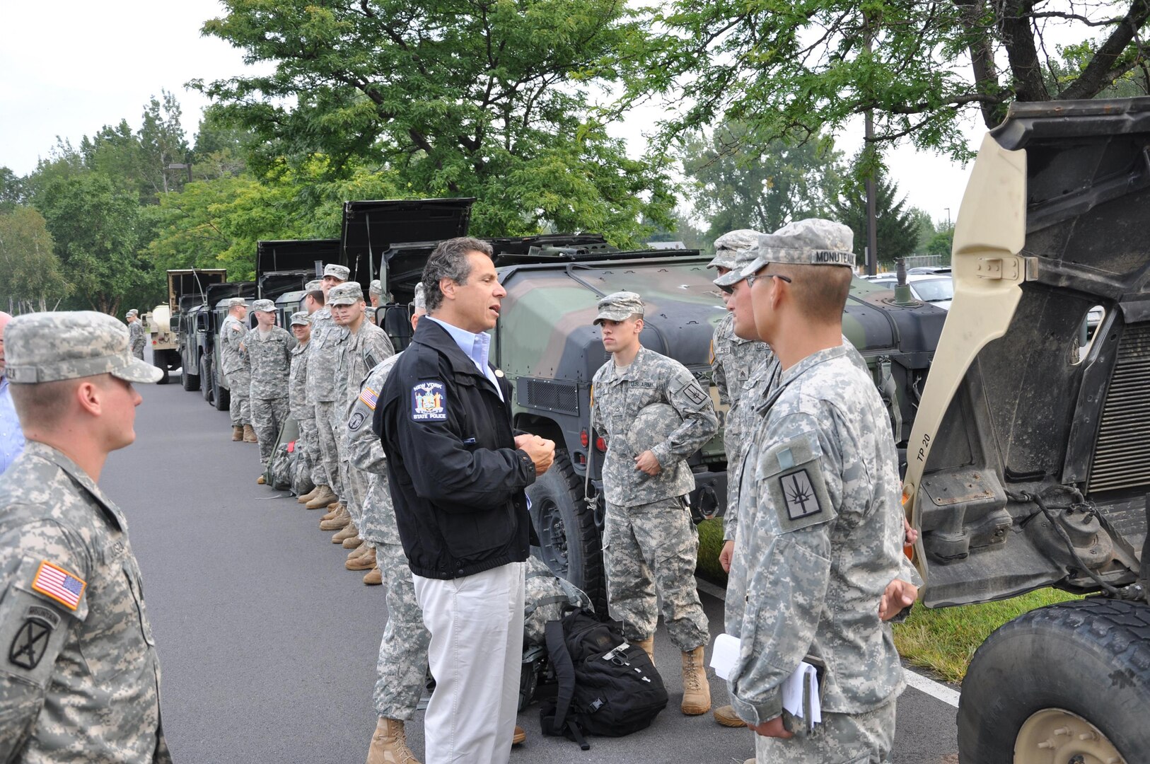 New York Gov. Andrew M. Cuomo speaks with members of the 206th Military
Police Company prior to their deployment on Aug. 27, 2011, for Hurricane
Irene response operations.