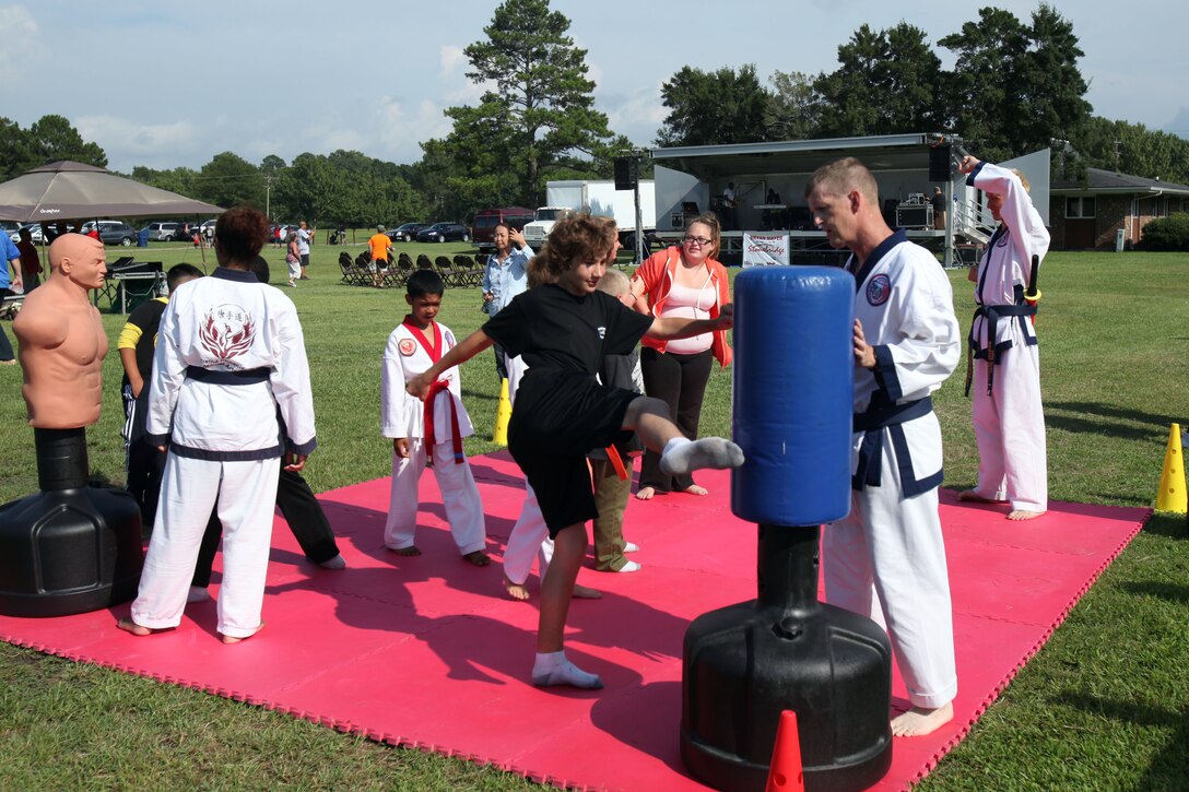 Havelock community members participate in basic martial arts during National Night Out at Walter B. Jones Park in Havelock, North Carolina, Aug. 2015. National Night Out is an event held across the country that began in 1984 to strengthen police-community partnerships and generate support for local anticrime efforts while sending a message to criminals, letting them know neighborhoods are organized and fighting back.
