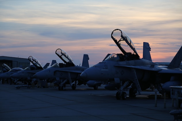 F/A-18D Hornets are staged before kicking off joint training exercise Palmetto Fire aboard Marine Corps Air Station Beaufort, July 27- Aug. 7. The squadron, along with Navy and Air Force reinforcements, will train to execute indirect fire exercises utilizing aircraft. The jets are with Marine-All Weather Fighter Attack Squadron 224,Marine Aircraft Group 31. (U.S. Marine Corps photo by Lance Cpl. Samantha K. Torres/released)