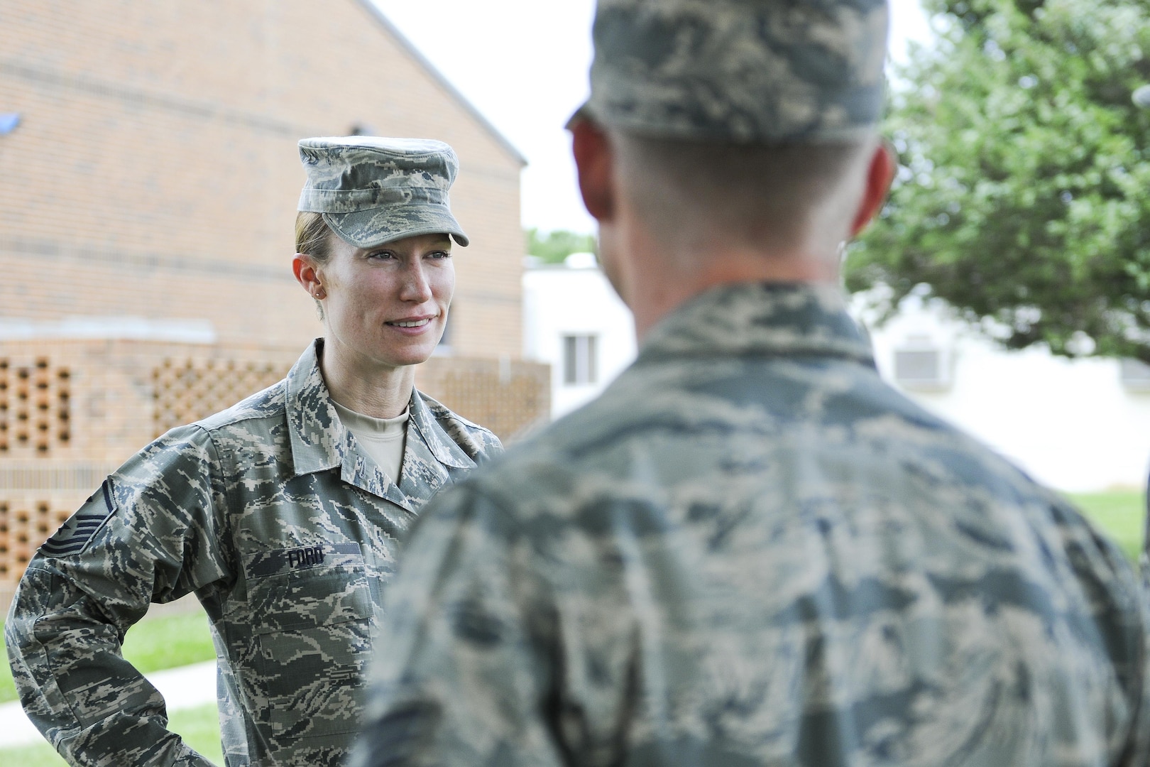 Master Sgt. Sally Ford speaks with Airmen at the Air National Guard Readiness Center on Joint Base Andrews, Md., June 10, 2015. Ford is the 2015 Air National Guard's Outstanding First Sergeant of the Year. 