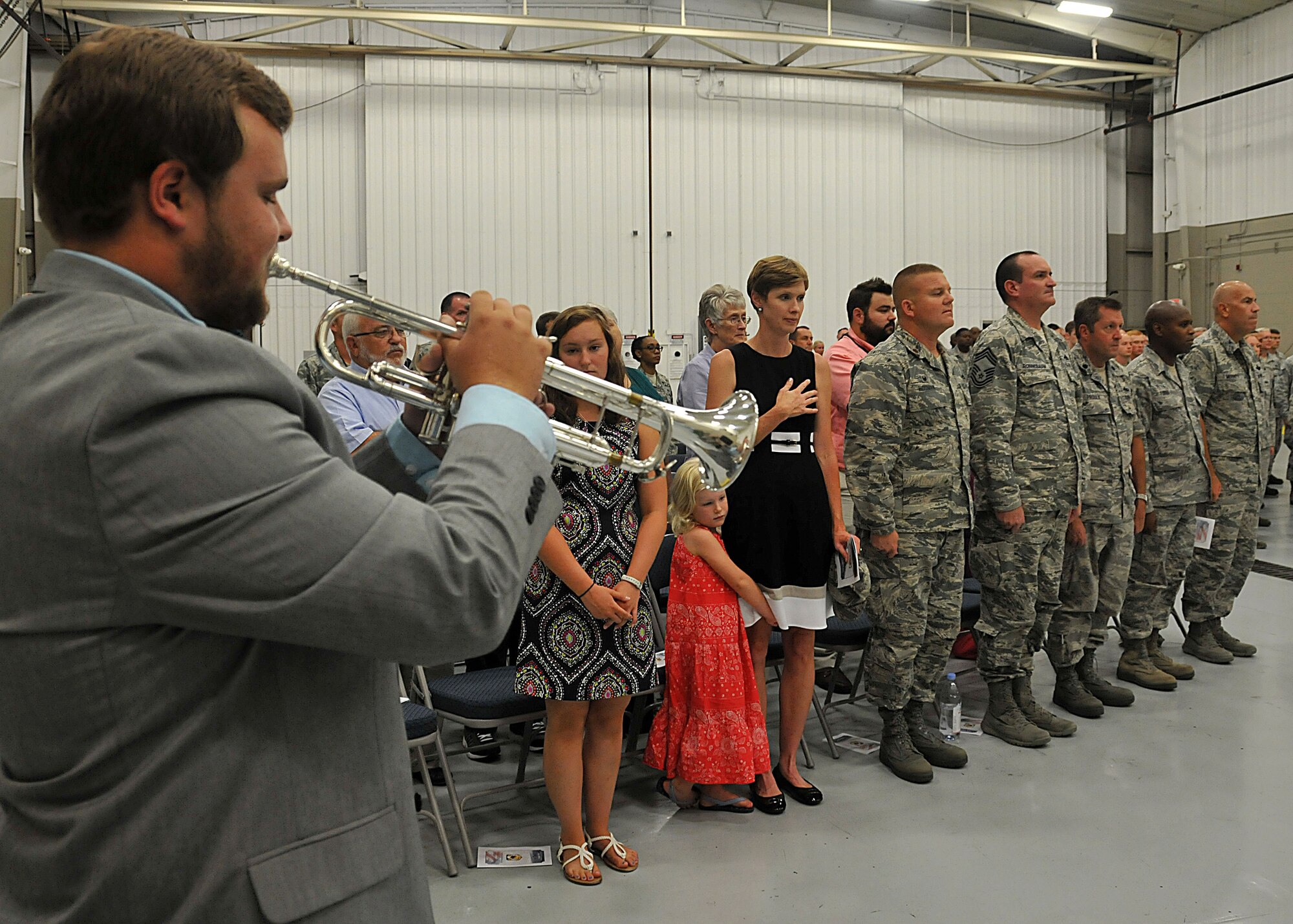 Brandon Fortson plays the Star-Spangled Banner at the beginning of the 94th Aircraft Maintenance Squadron change of command ceremony Aug. 2, 2015 at Dobbins Air Reserve Base, Ga. Fortson is the son of Maj. Steven Fortson, the new commander of 94 MXG. (U.S. Air Force photo/Senior Airman Andrew Park)