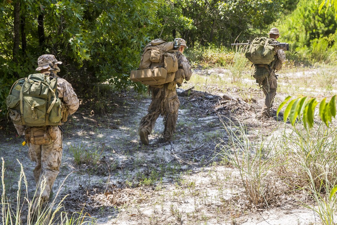 Marines in the Scout Sniper Platoon with 2nd Battalion, 2nd Marine Regiment, conduct a patrol during SSP training aboard Camp Lejeune, N.C., July 29, 2015. Scout Snipers with the battalion excel in conducting their mission set by being highly skilled in marksmanship and delivering long-range precision fire on selected targets from concealed positions. (U.S. Marine Corps photo by Cpl. Krista James/Released)