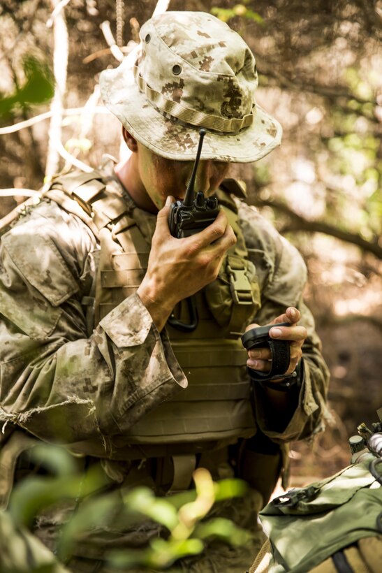 A Marine in the Scout Sniper Platoon with 2nd Battalion, 2nd Marine Regiment calls in coordinates for a position report during a patrol for SSP training aboard Camp Lejeune, N.C., July 29, 2015. Scout Snipers with the battalion excel in conducting their mission set by being highly skilled in marksmanship and delivering long-range precision fire on selected targets from concealed positions. (U.S. Marine Corps photo by Cpl. Krista James/Released)