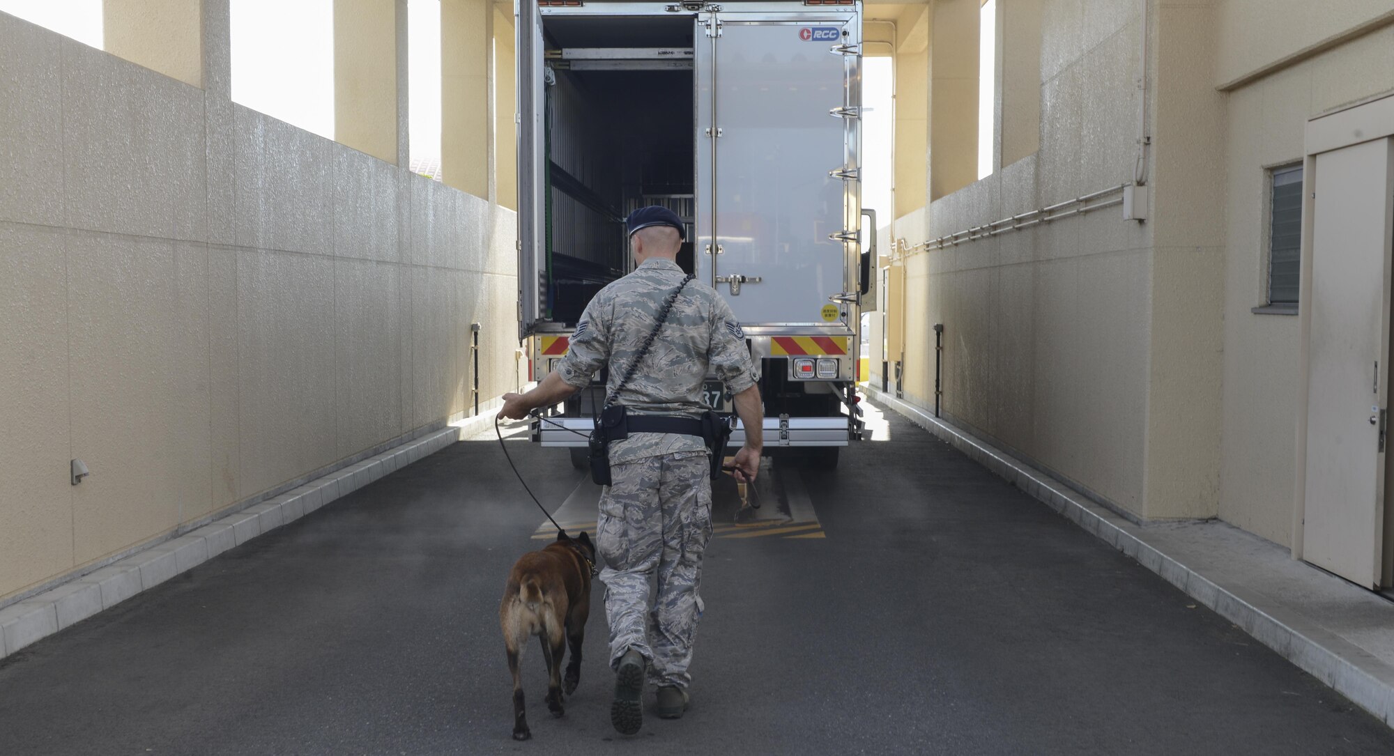 Staff Sgt. Nicholas Galbraith, a 374th Security Forces Squadron military working dog handler, and Topa, a 374 SFS MWD, perform security checks at Yokota Air Base, Japan, July 24, 2015. Topa is Galbraith's first canine partner outside of training, and they have been working together for one year. (U.S. Air Force photo/Airman 1st Class David C. Danford)