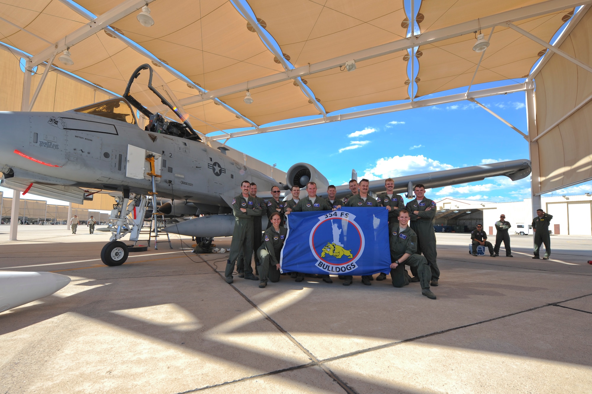 Twelve A-10 Thunderbolt II pilots from the 354th Fighter Squadron pose for a photo next to an A-10 under a sunshade at Davis-Monthan Air Force Base, Ariz., Aug. 4, 2015.  Twelve of the 354th Bulldogs? A-10s and their pilots returned after a 6-month-long deployment to Europe where they flew over 1,500 missions throughout 21 countries as part of the Theater Security Package to Europe in support of Operation Atlantic Resolve. (U.S. Air Force photo by Senior Airman Chris Massey/Released)