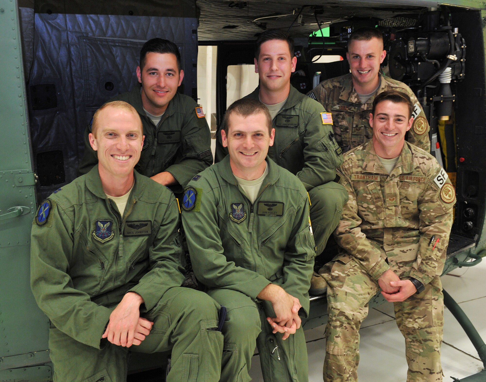 Members of Malmstrom Air Force Base’s Global Strike Challenge 2015 helicopter operations team pose on a UH-1N Iroquois helicopter Aug 3, 2015. In the front row, left to right are: Capt. Gregory Johnston, 40th Helicopter Squadron aircraft commander; Capt. Donald Feely, 40th HS co-pilot; and Staff Sgt. Steven Trantham, 741st Missile Security Forces Squadron tactical response force member. Rear row, left to right: Staff Sgt. Eric McElroy, 40th HS special missions aviator; Staff Sgt. James McMullen, 40th HS special missions aviator; and Staff Sgt. Kyle Hart, 741st MSFS tactical response force member. The team will compete in three events Aug. 9-11 at Camp Guernsey, Wyo. (U.S. Air Force photo/John Turner)