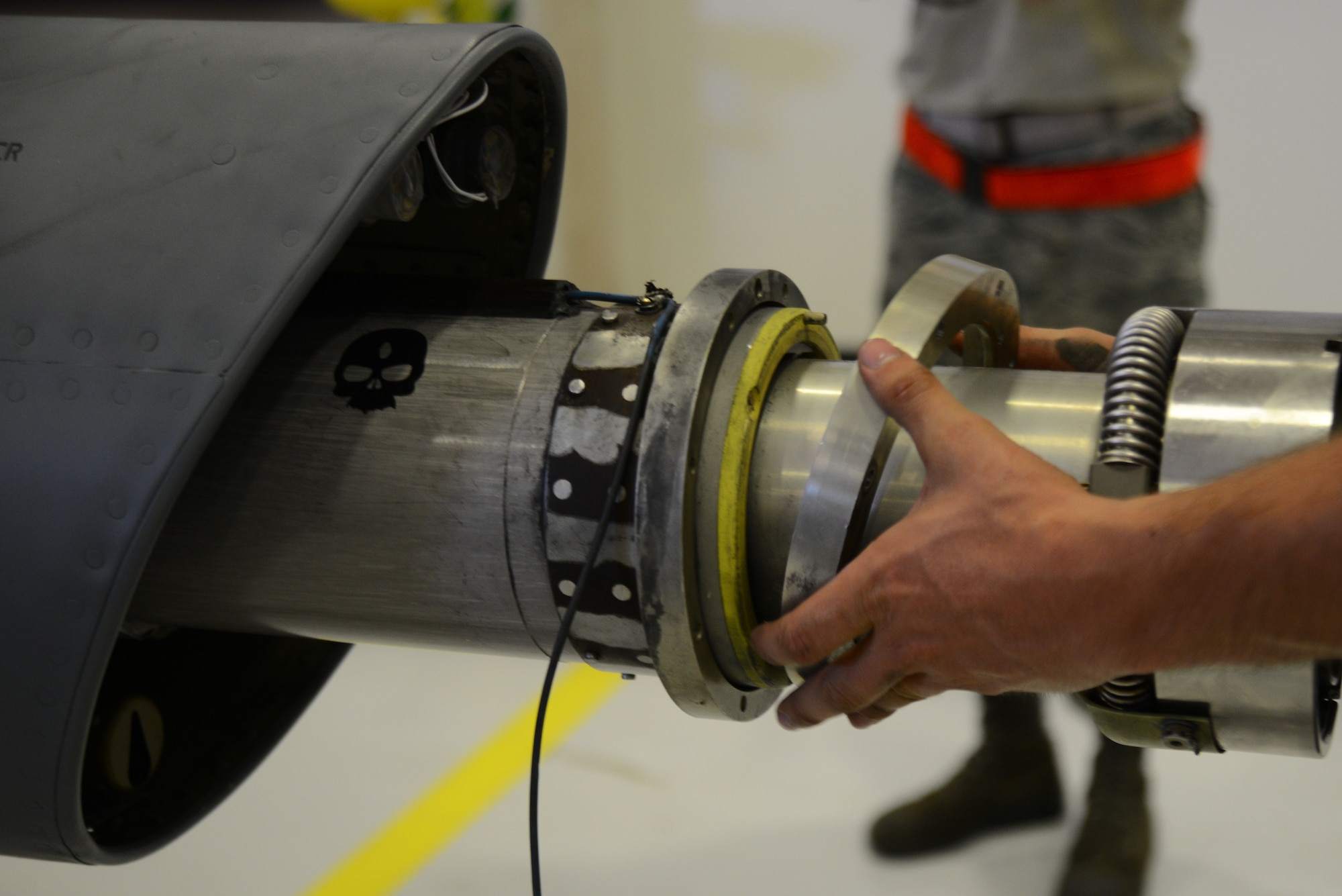An Airman from the 22nd Maintenance Squadron hydraulics shop, places a nut onto a KC-135 Stratotanker inner fuel tube, July 28, 2015, at McConnell Air Force Base, Kan. The nut is placed and fastened to secure the tube to ensure that nothing is damaged during transportation to another base for a complete rebuild. (U.S. Air Force photo by Airman 1st Class Christopher Thornbury)