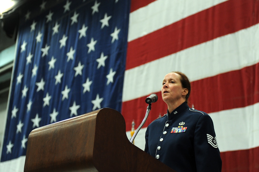 TSgt Rebecca Packard singing the National Anthem for a military ceremony