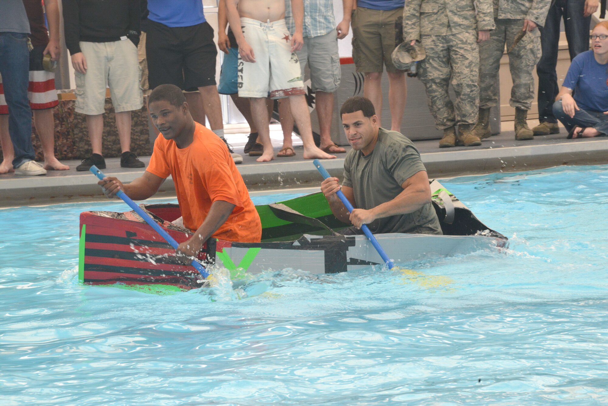 Kirtland’s annual Battle of the Battleships, which takes place Aug. 7 at the Mountain View Club pool, will pit teams of Airmen against each other as they race boats made only of cardboard and duct tape. (Photo by Dennis Carlson)