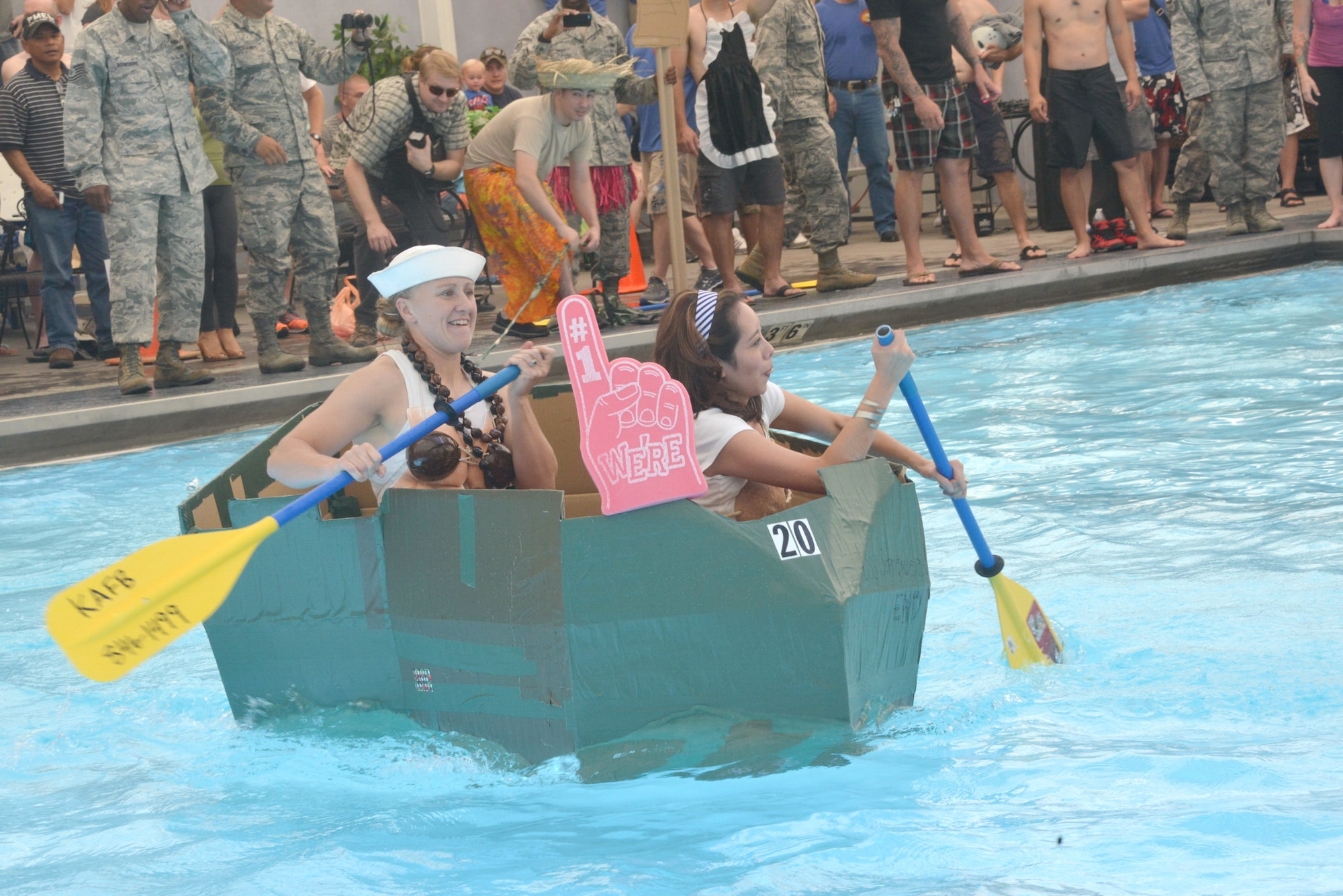 Kirtland’s annual Battle of the Battleships, which takes place Aug. 7 at the Mountain View Club pool, will pit teams of Airmen against each other as they race boats made only of cardboard and duct tape. (Photo by Dennis Carlson)