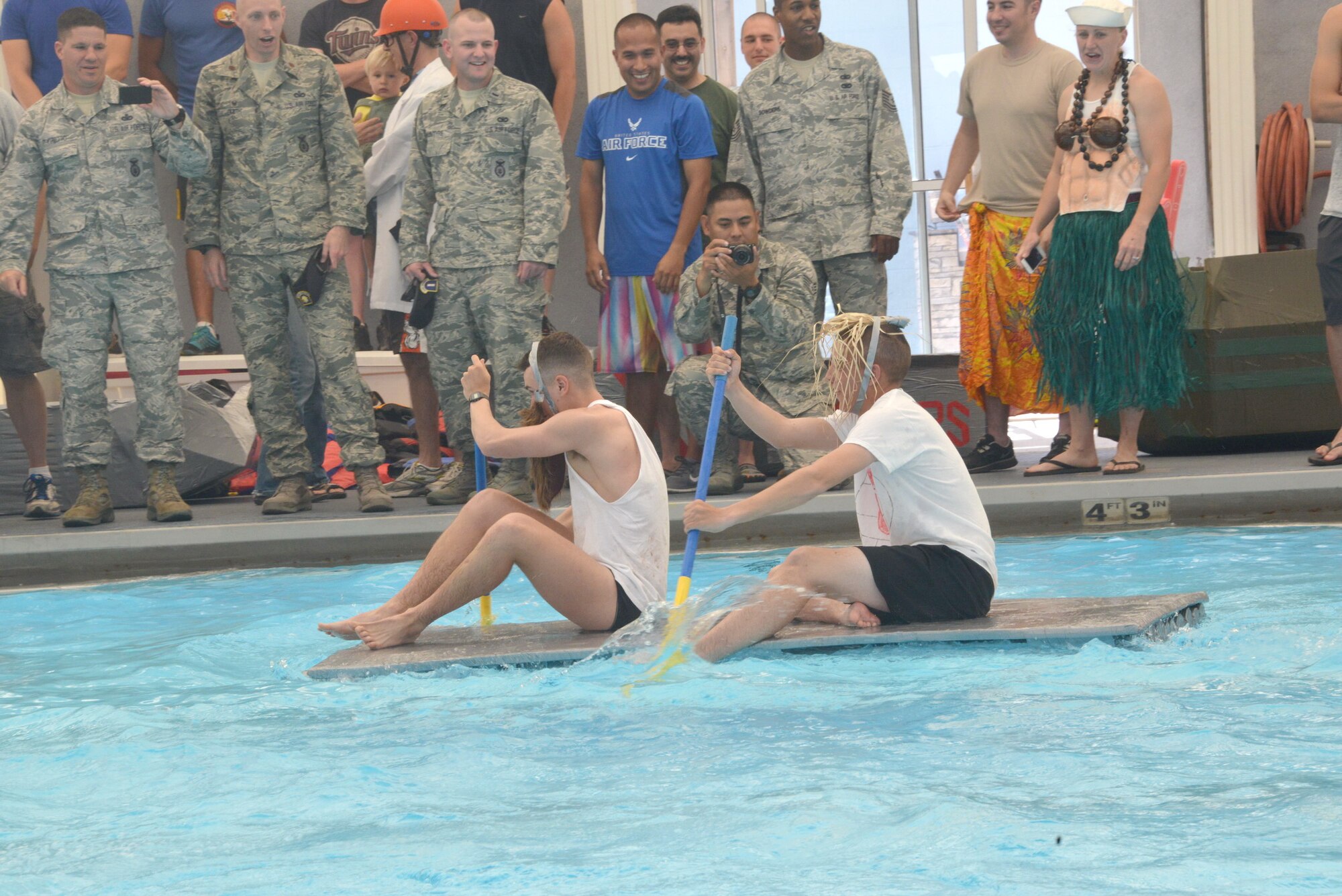Kirtland’s annual Battle of the Battleships, which takes place Aug. 7 at the Mountain View Club pool, will pit teams of Airmen against each other as they race boats made only of cardboard and duct tape. (Photo by Dennis Carlson)