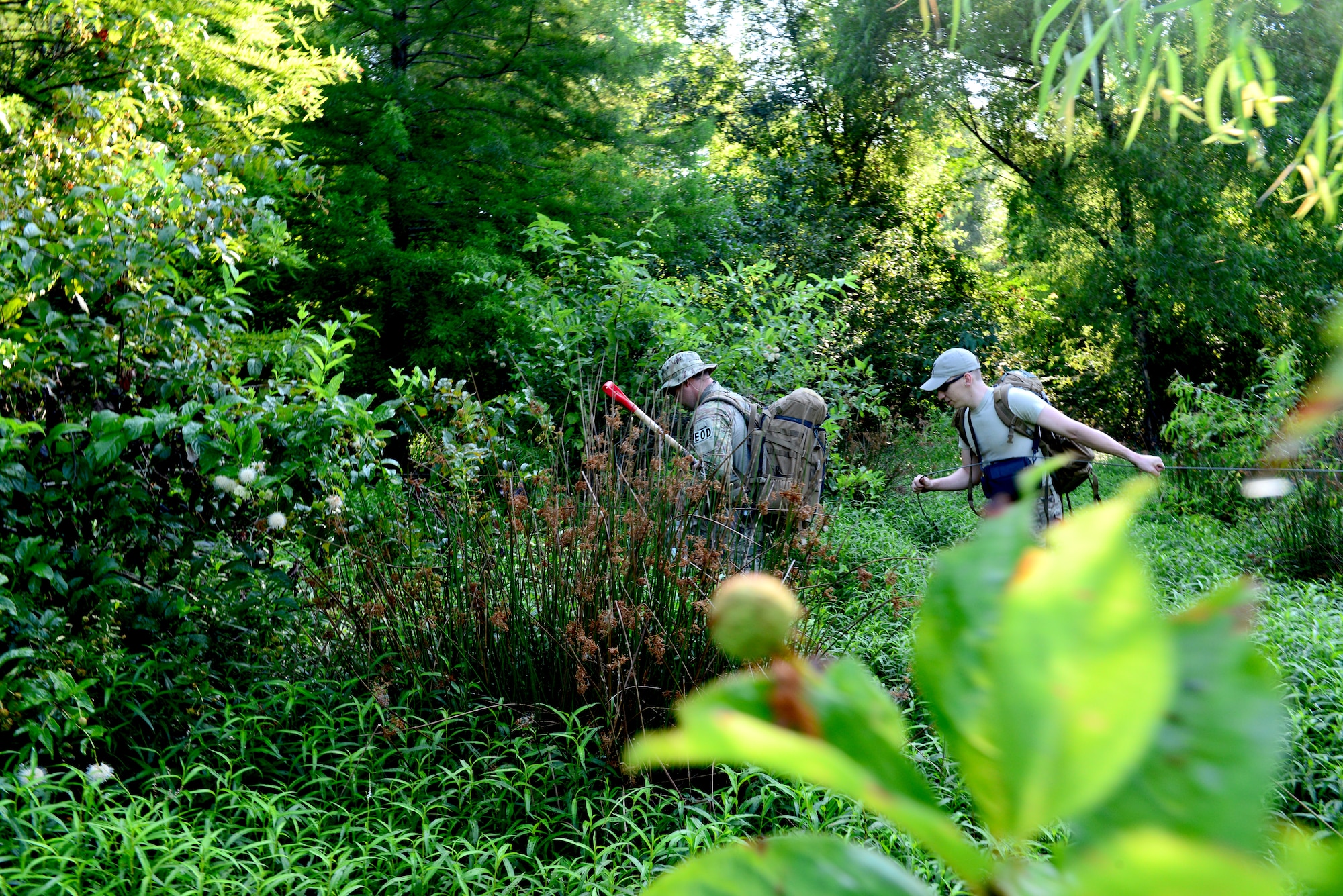 Staff Sgt. Jordan Burger, left, and Senior Airman Donal Mesa, 2nd Civil Engineer Squadron explosive ordnance disposal technicians, haul equipment through the woods of the east reservation at Barksdale Air Force Base, La., July 29, 2015. EOD used C-4 and two 40 pound cratering explosives to destroy the beaver dams. (U.S. Air Force Photo/Airman 1st Class Luke Hill)