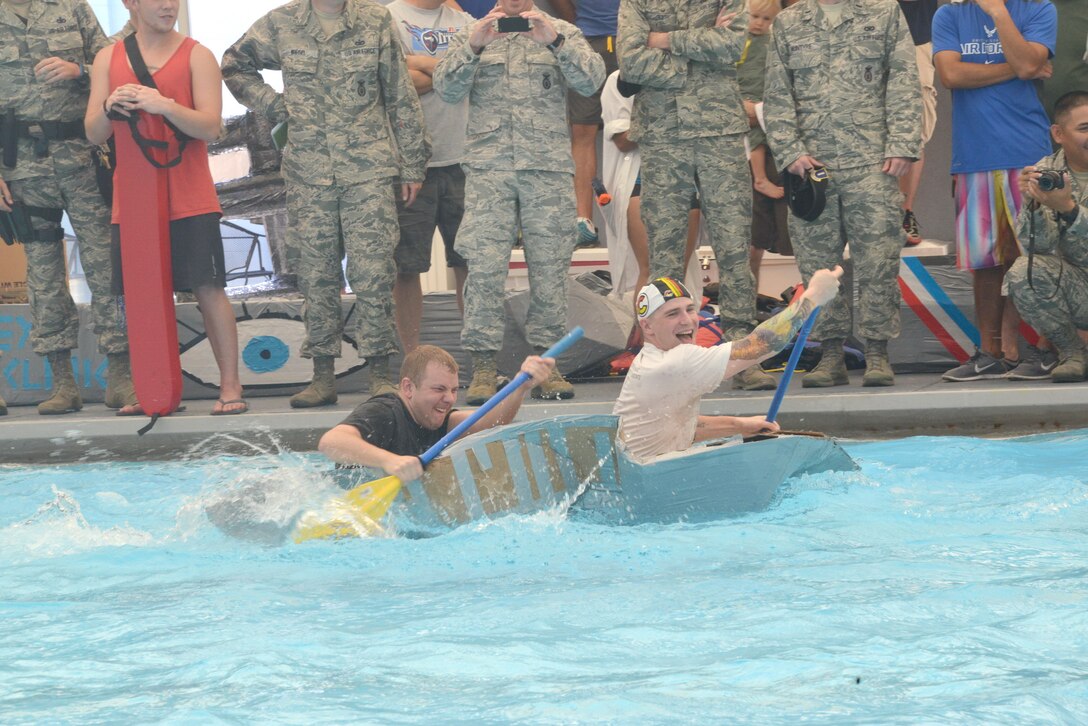 Kirtland’s annual Battle of the Battleships, which takes place Aug. 7 at the Mountain View Club pool, will pit teams of Airmen against each other as they race boats made only of cardboard and duct tape. (Photo by Dennis Carlson)